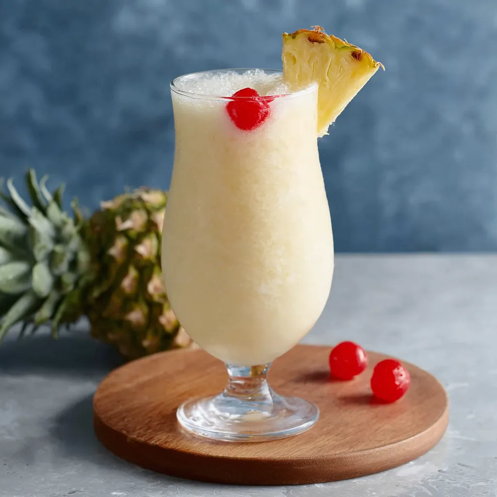 A refreshing Frozen Piña Colada is served in a tall glass, perfect for a tropical escape.