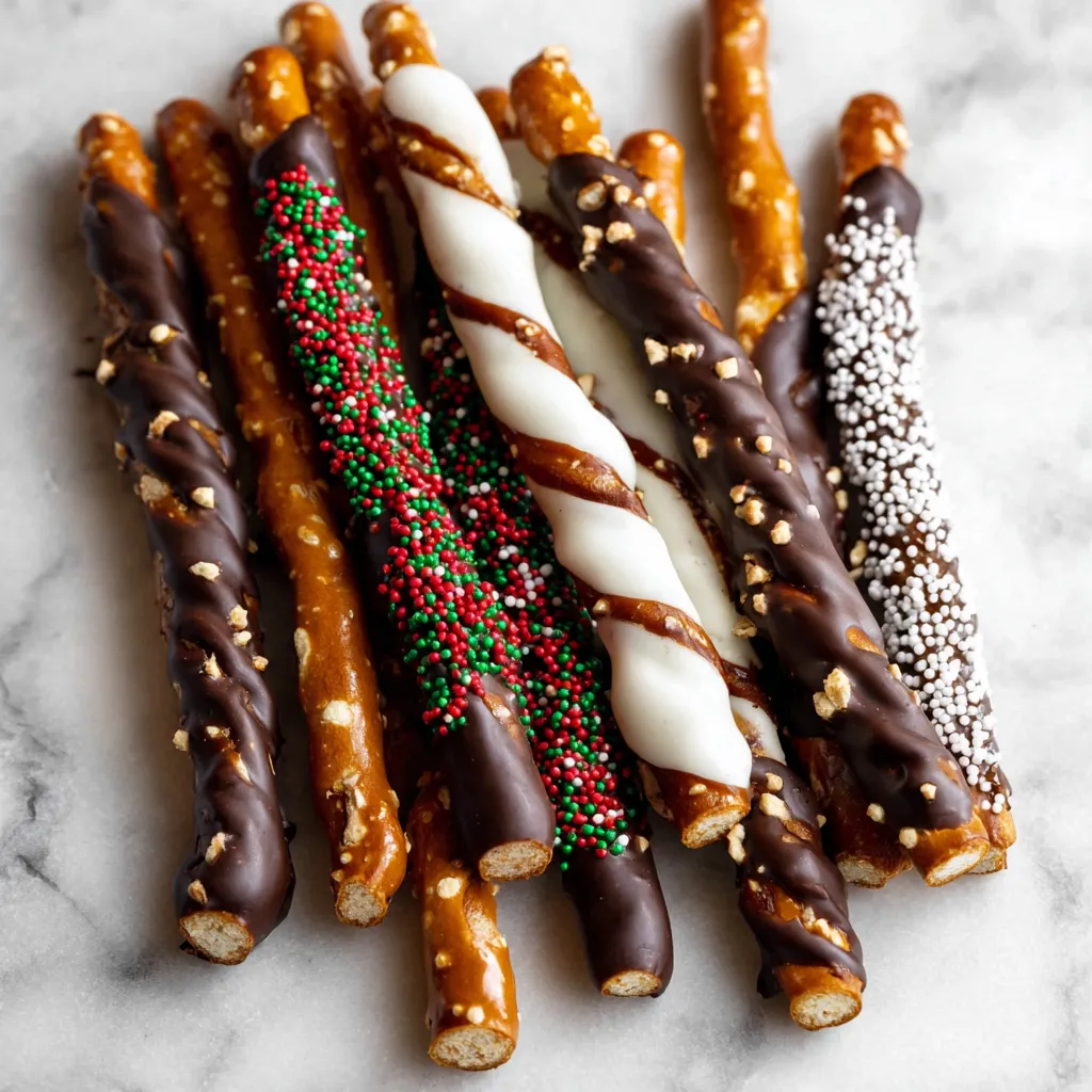 A close-up shows delicious Chocolate Covered Pretzel Rods, perfect for a sweet and salty treat.
