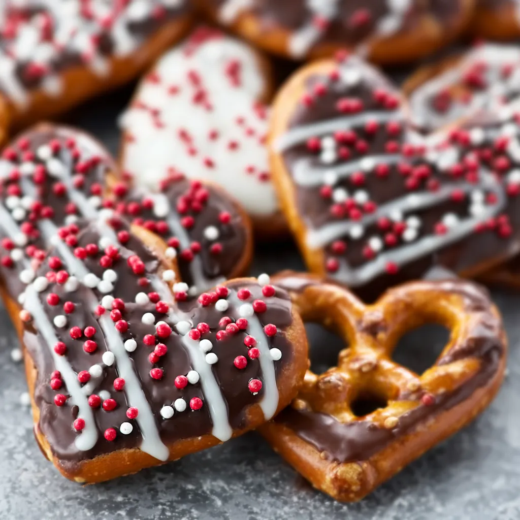 Close-up of homemade Chocolate Pretzel Hearts, a sweet and salty Valentine's Day treat.