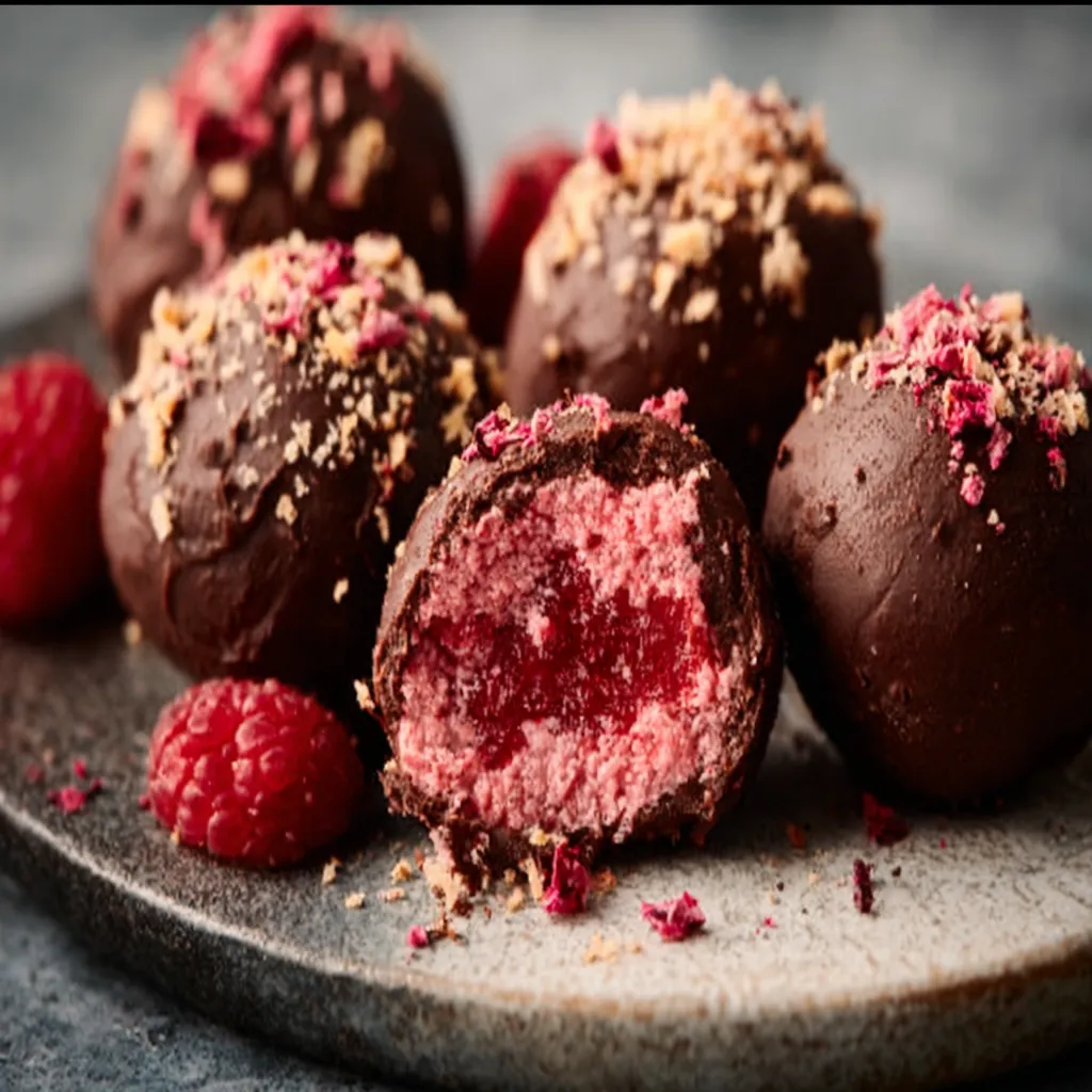 Decadent homemade Chocolate Raspberry Truffles are displayed as the featured image for this delicious dessert recipe.