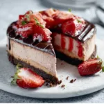 A decadent Chocolate Strawberry Cheesecake sits ready to be enjoyed in this featured image.
