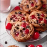 Delicious Maraschino Cherry Chocolate Chip Cookies are featured in this image.