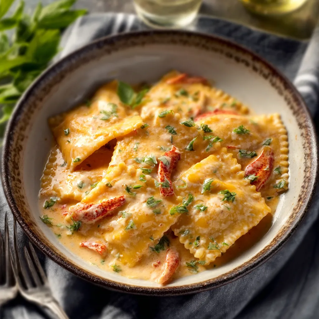 Close-up of creamy Lobster Ravioli In Cream Sauce, showcasing the rich texture and appetizing presentation.