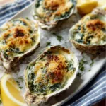 Close-up of delicious, baked Oysters Rockefeller, a classic New Orleans dish.