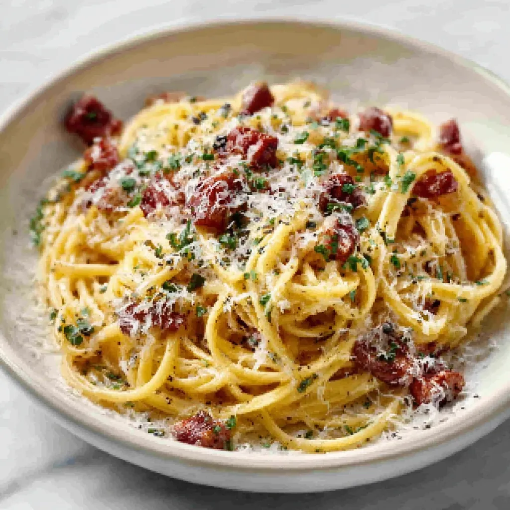 Delicious Pasta Carbonara with creamy sauce, pancetta, egg yolks, and black pepper is featured in this food article.