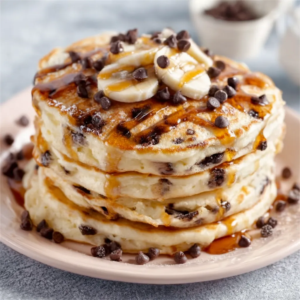 Stack of delicious Chocolate Chip Pancakes topped with syrup for a tempting breakfast feature.
