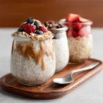 Close-up of creamy Overnight Oats with fresh berries and chia seeds, perfect for a healthy breakfast.