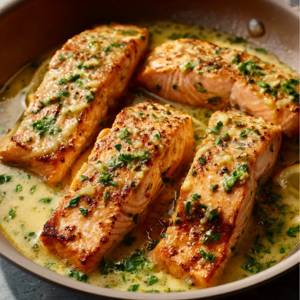Close-up of delicious Pan-Seared Salmon with crispy skin and herb garnish, ready to eat.