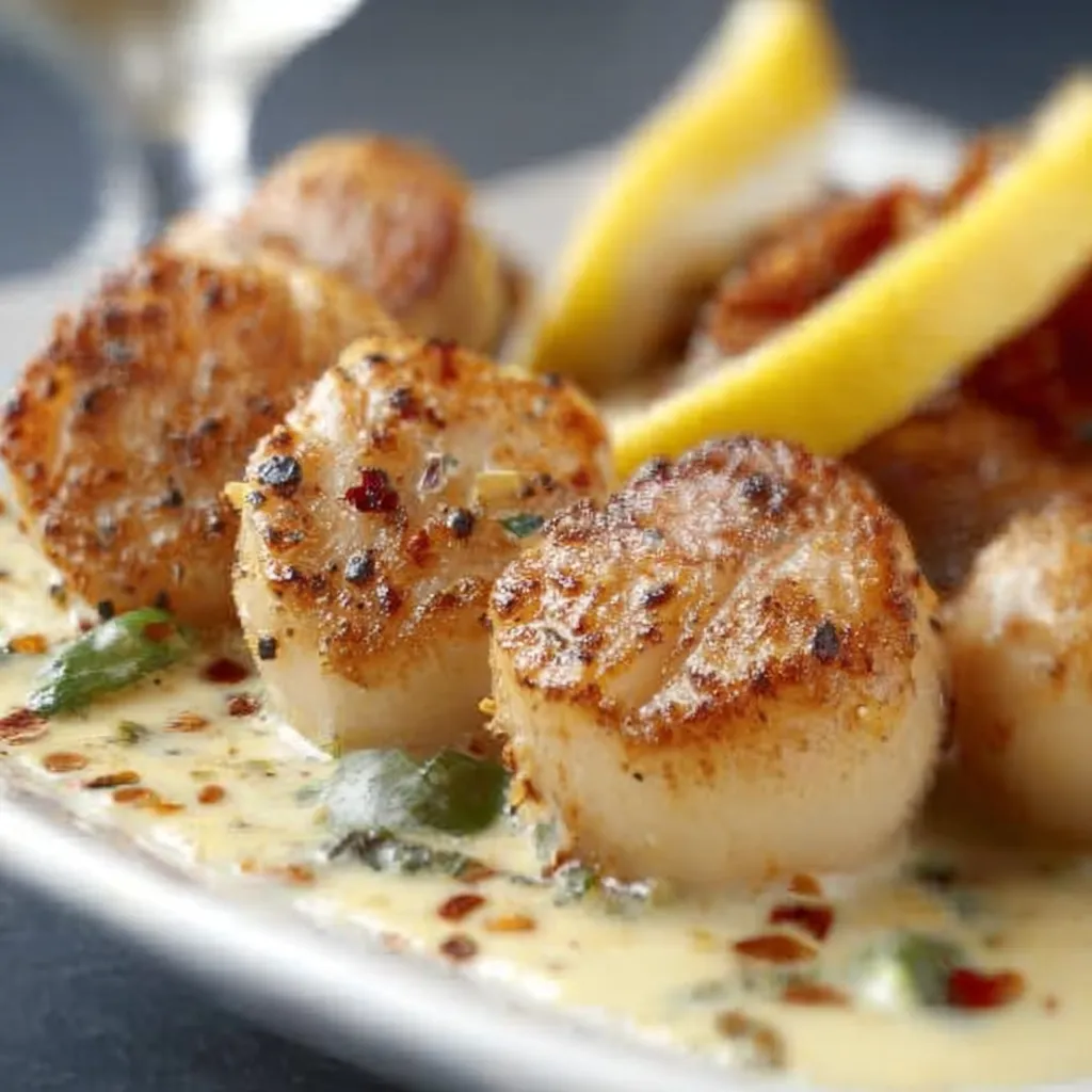 Close-up of perfectly golden brown Pan-Seared Scallops, a delicious seafood delicacy.