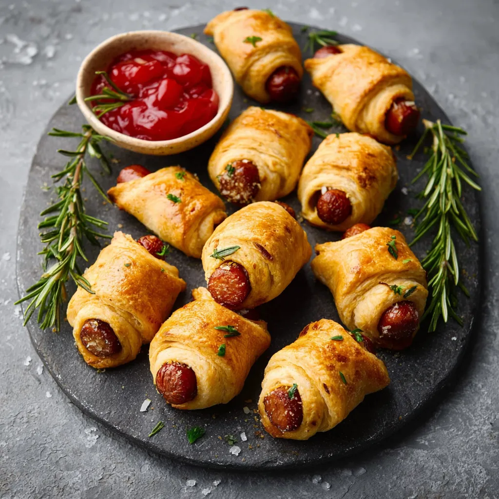 Golden-brown Pigs In A Blanket are displayed as the featured image for this recipe article.