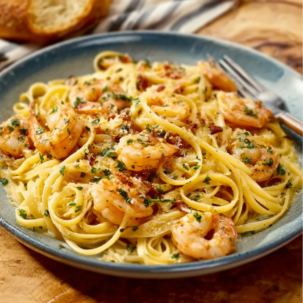 A close-up shot showcases a vibrant plate of Shrimp Scampi Linguine, highlighting the juicy shrimp and perfectly cooked pasta.