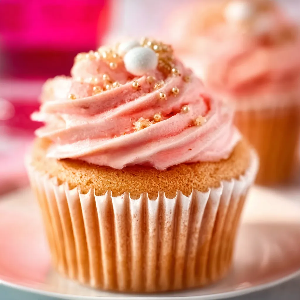 Close-up of frosted Pink Champagne Cupcakes, showcasing their delicate pink hue and celebratory appeal.