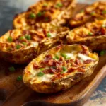A delicious close-up showcases crispy and loaded Potato Skins, perfect for snacking or as an appetizer.
