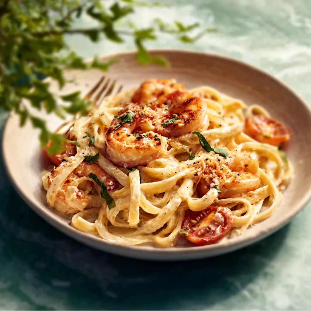 Creamy Shrimp Alfredo Fettuccine dish served as a tempting featured image.