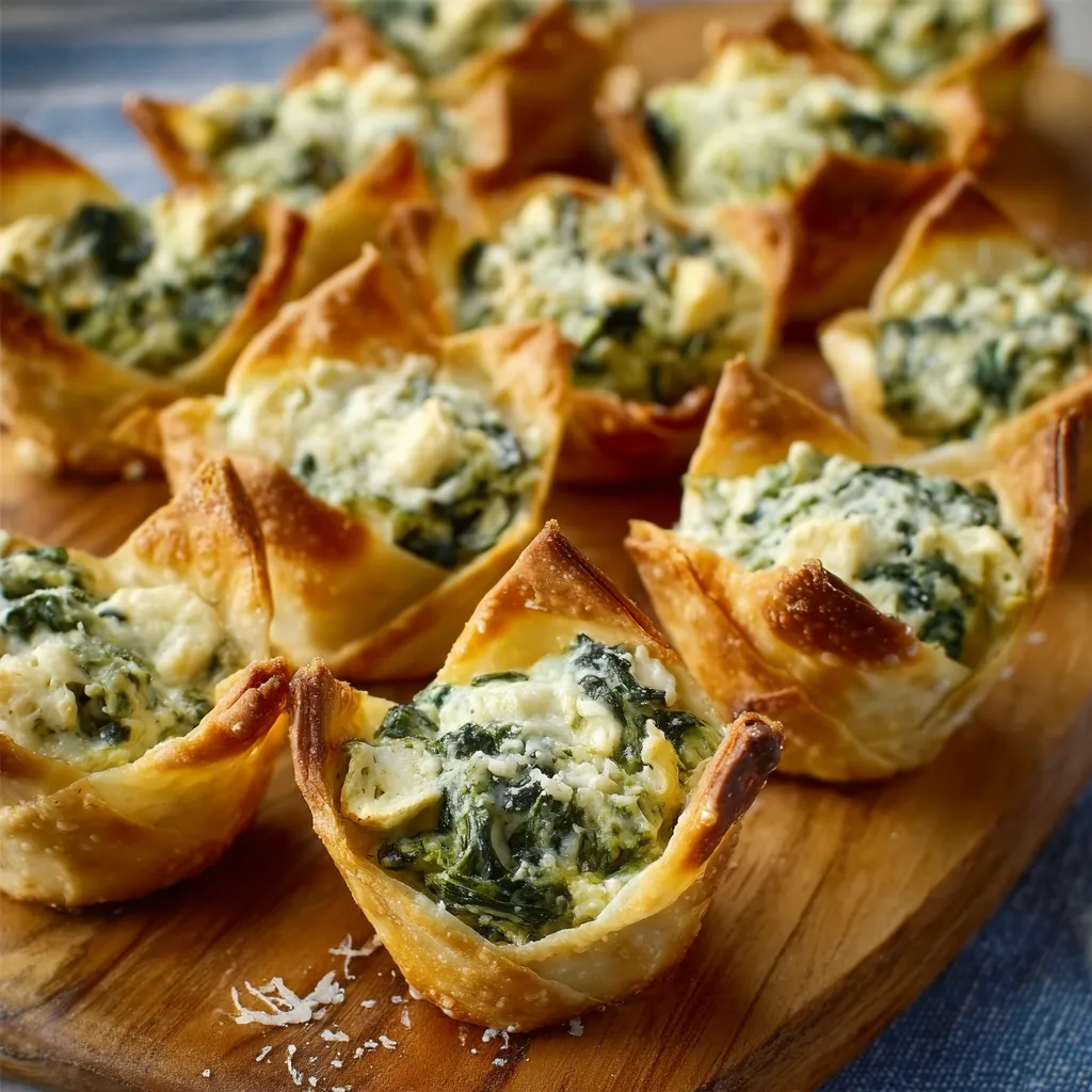 A close-up of golden-brown Spinach & Artichoke Wonton Cups, showcasing the creamy filling and crispy wonton shells.