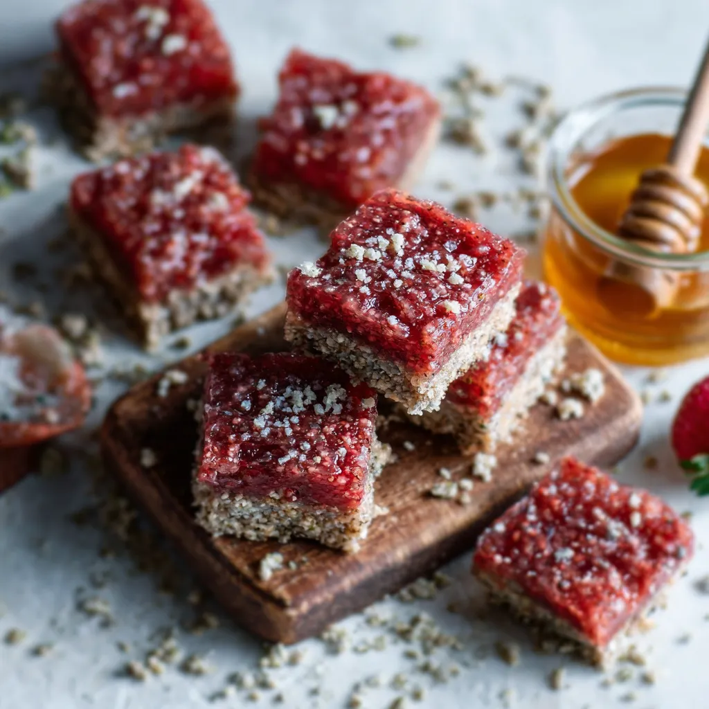 Strawberry Chia Seed Jelly Squares are displayed as a featured image, showcasing their vibrant color and appealing texture.