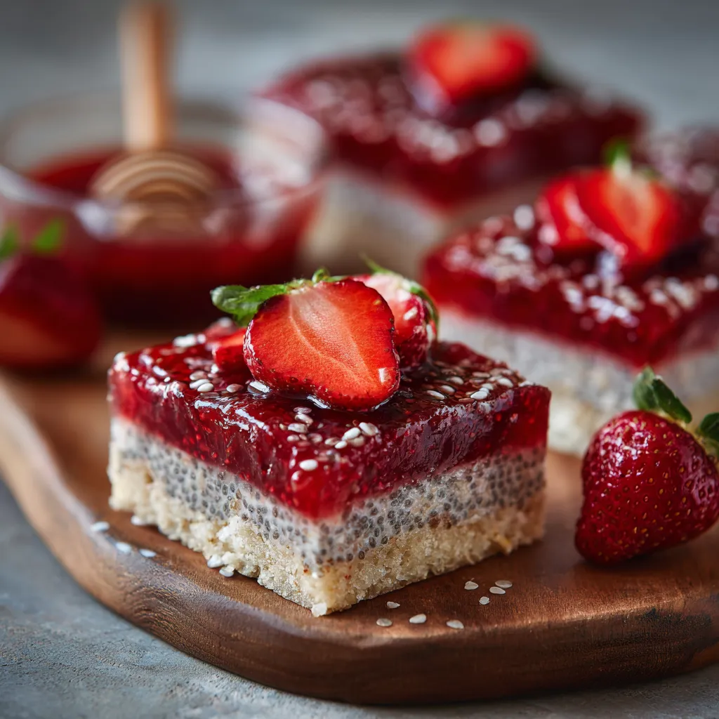 Strawberry Chia Seed Jelly Squares sit arranged as a featured image, showcasing their vibrant color and healthy ingredients.