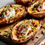 Close-up of delicious Loaded Potato Skins topped with melted cheese, bacon, and sour cream.