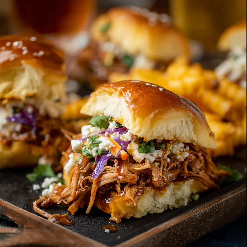 Close-up shot of delicious Pulled Pork Sliders stacked high, perfect for a party or quick dinner.