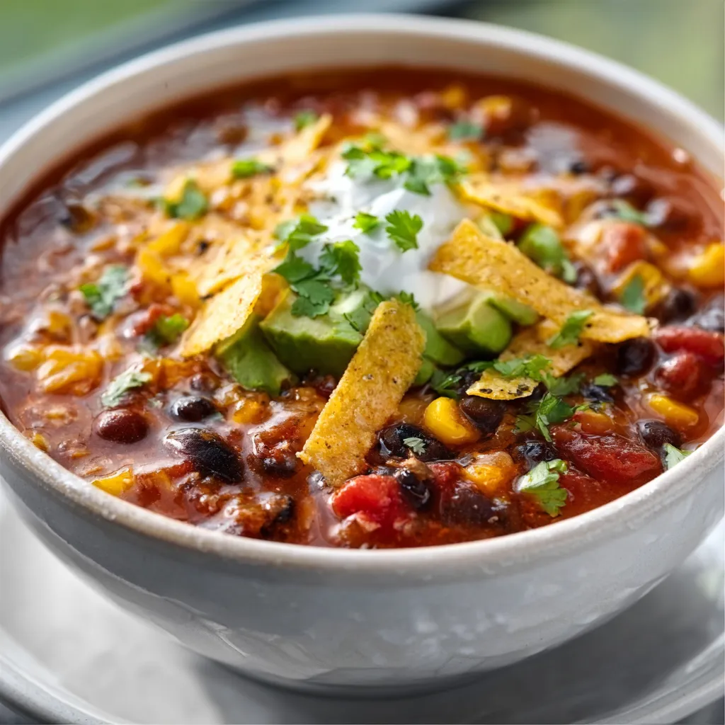 A hearty bowl of taco soup topped with cheese, avocado, and cilantro.