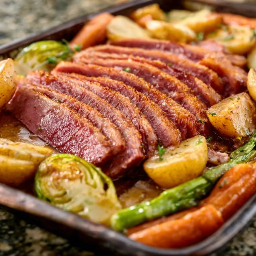 Sheet pan corned beef dinner with potatoes, carrots, and cabbage roasting.