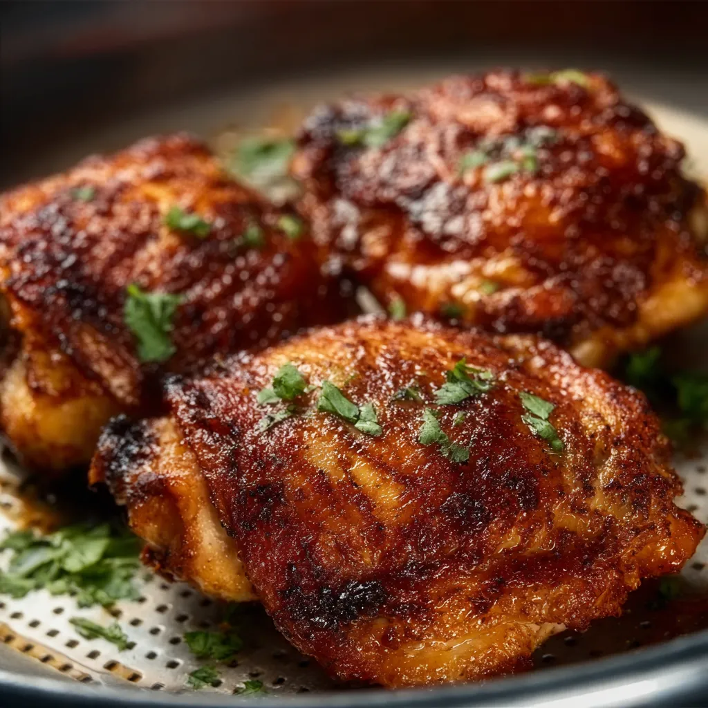 Crispy, golden brown air fryer chicken thighs on a white plate.