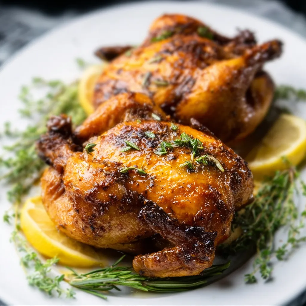 Crispy golden brown Air Fryer Cornish Game Hens resting on a platter.