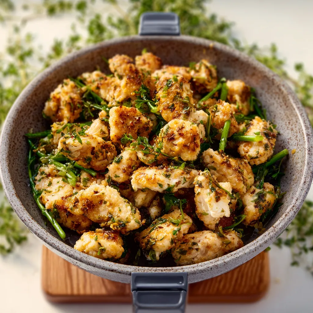Golden brown Air Fryer Garlic Butter Chicken Bites in a white bowl, garnished with parsley.