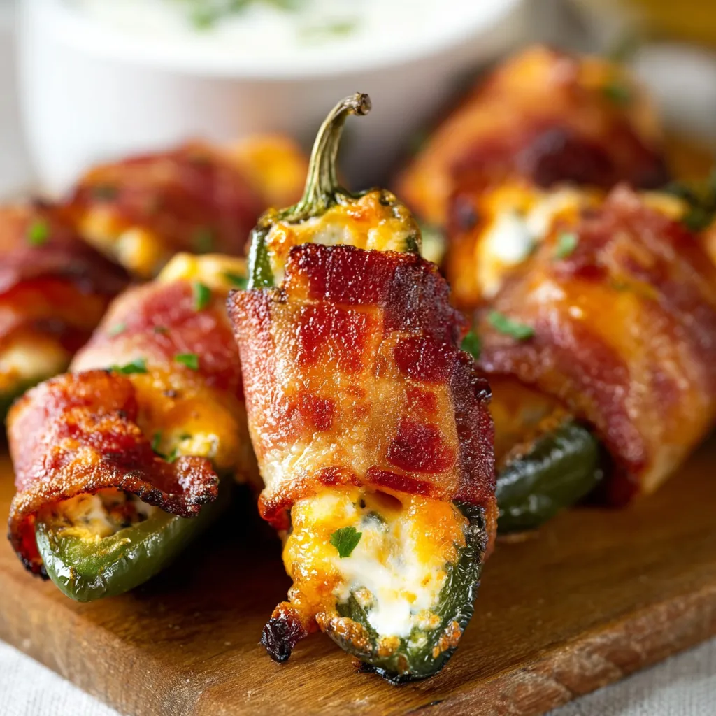 Bacon Wrapped Jalapeno Poppers with melted cheese on a baking tray.