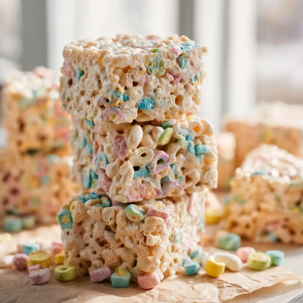 Golden brown butter Lucky Charms treats with colorful marshmallows on a plate.