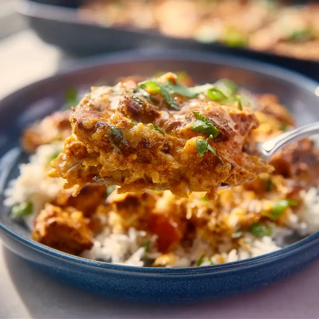 Buttery stick of butter chicken and rice with creamy sauce and fresh herbs.