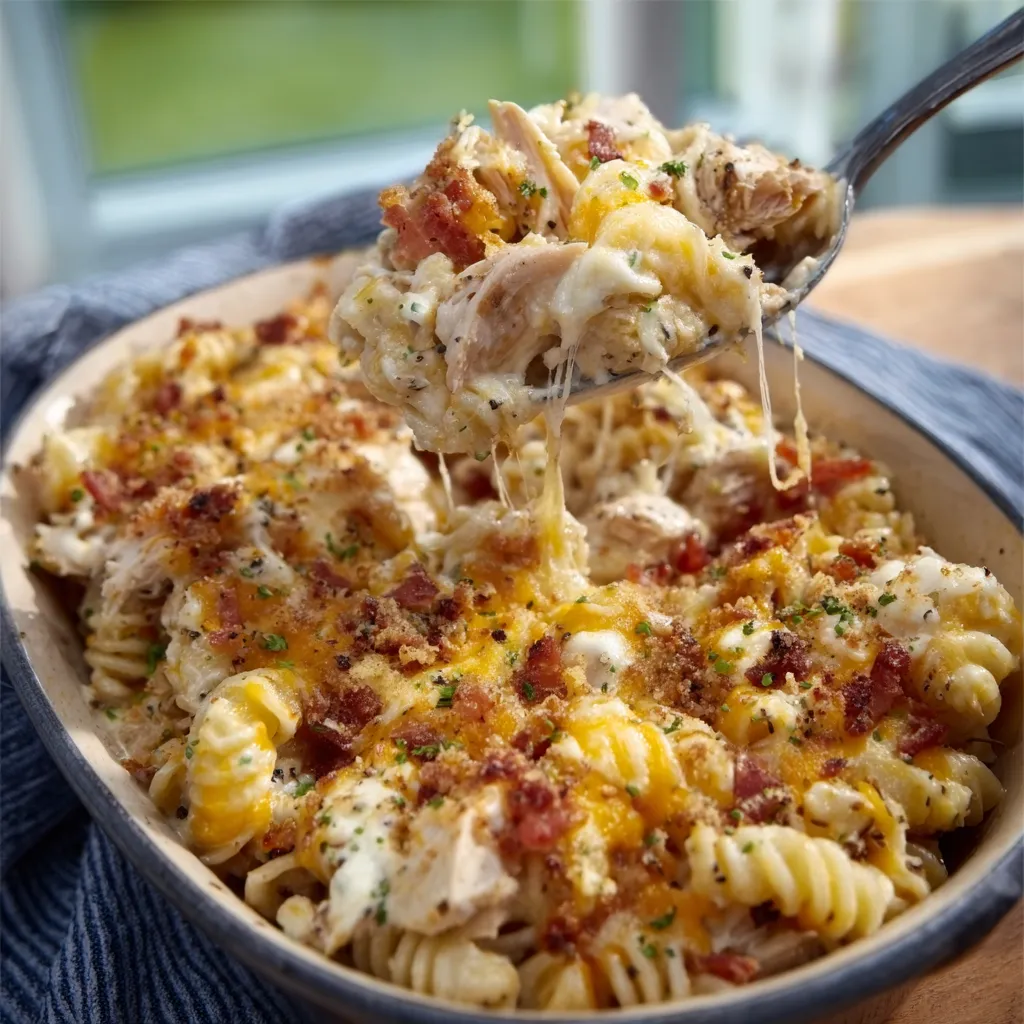 Cheesy Chicken Bacon Ranch Pasta Bake fresh from the oven, golden and bubbling.