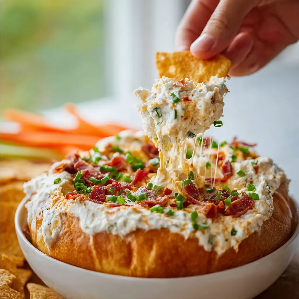 Creamy Cheesy Crack Chicken Dip topped with bacon and green onions in a white bowl.