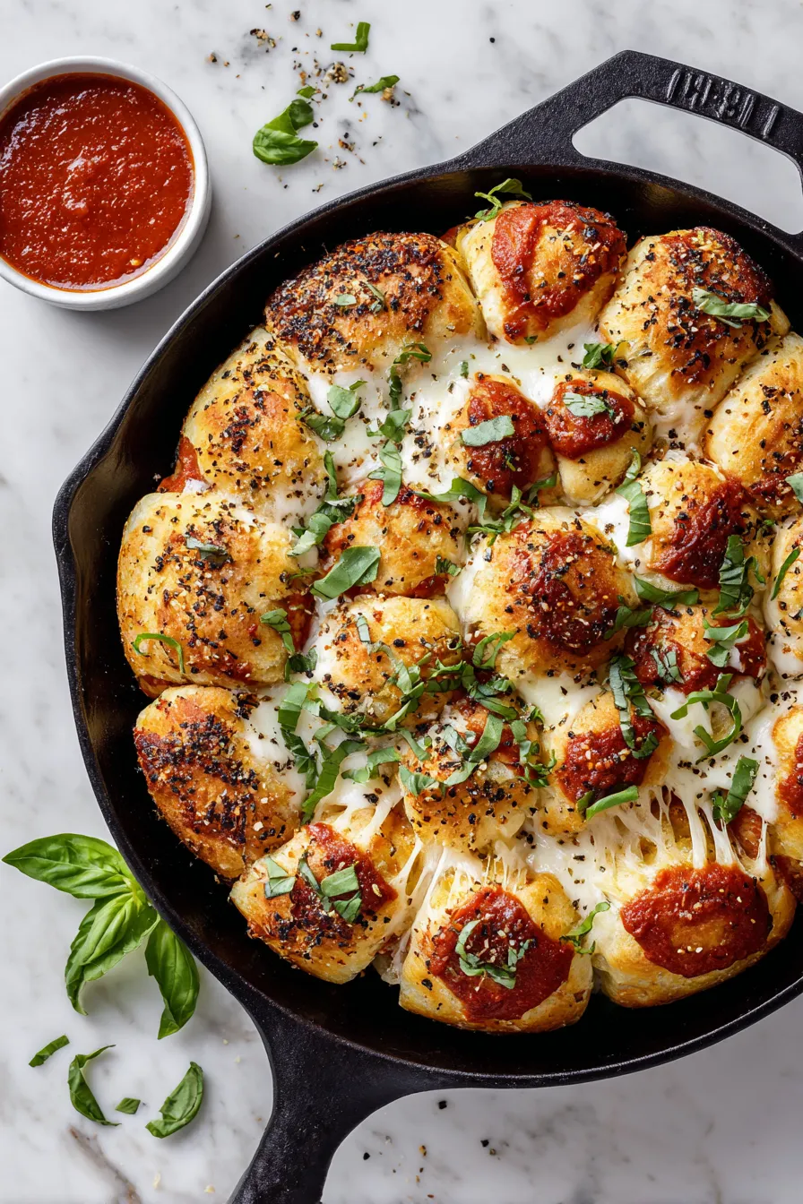 Freshly baked Cheesy Pull-Apart Pizza Bread with melted mozzarella and pepperoni.