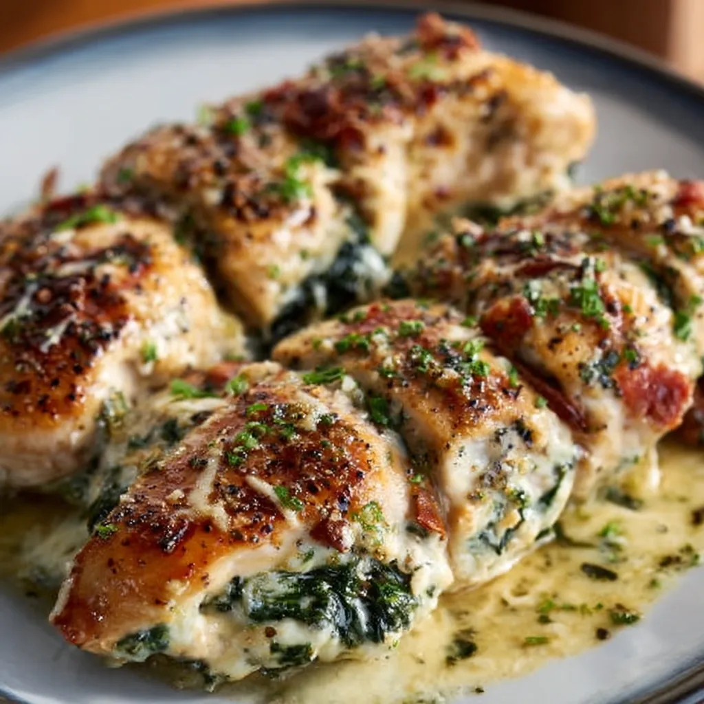 Golden-brown Spinach Artichoke Stuffed Chicken breast sliced open.