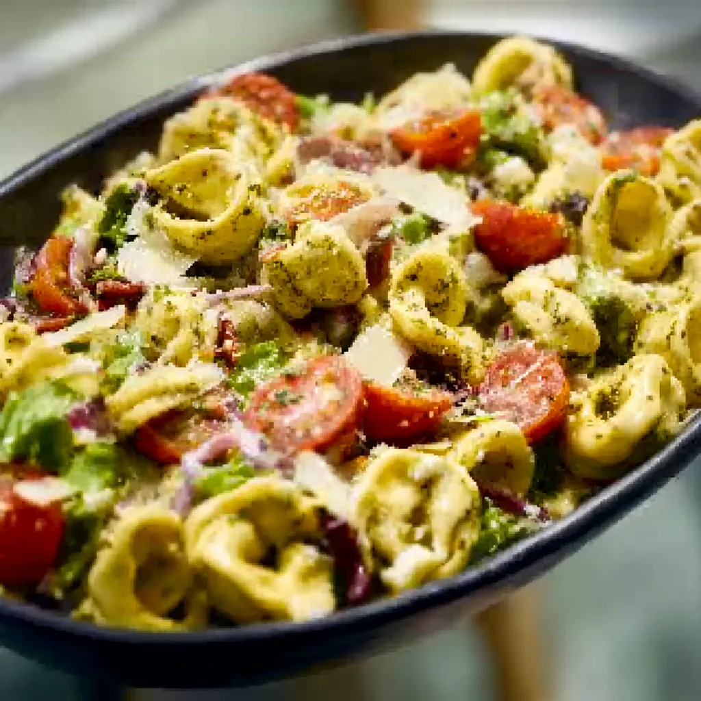 Cheesy Tortellini Pasta Salad with tomatoes, olives, and herbs in a bowl.
