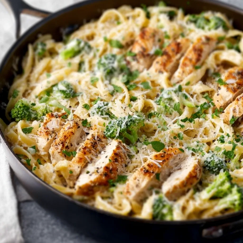 Creamy Chicken Broccoli Alfredo pasta in a white bowl.