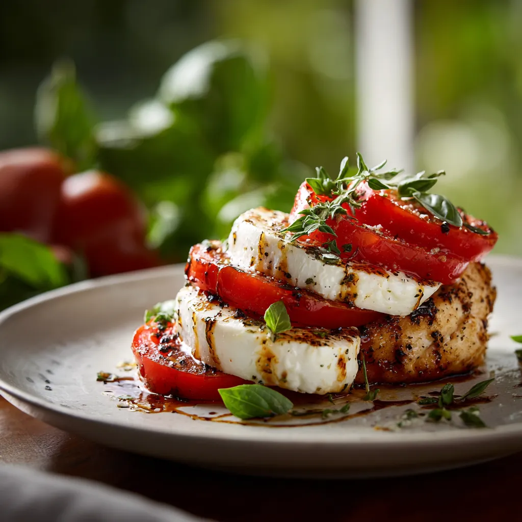 Juicy grilled Chicken Caprese with tomato, mozzarella, and basil