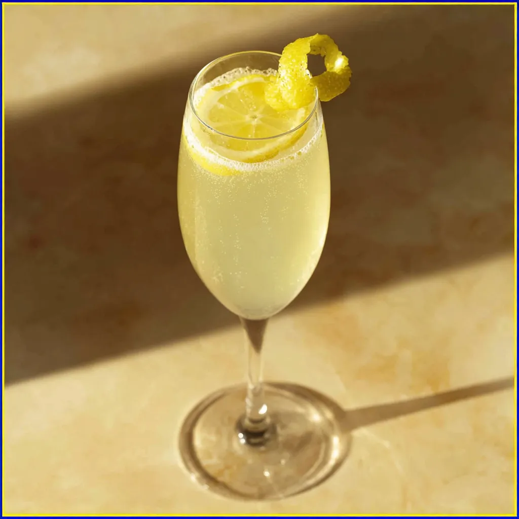 Classic French 75 cocktail with gin, lemon, and champagne in a coupe glass.