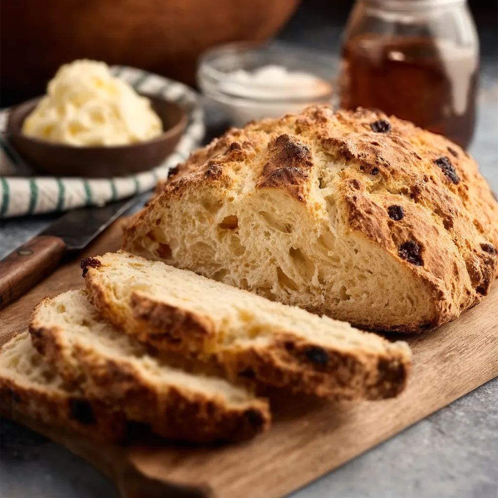 Freshly baked Irish Soda Bread with cross on crust, served on wooden board.