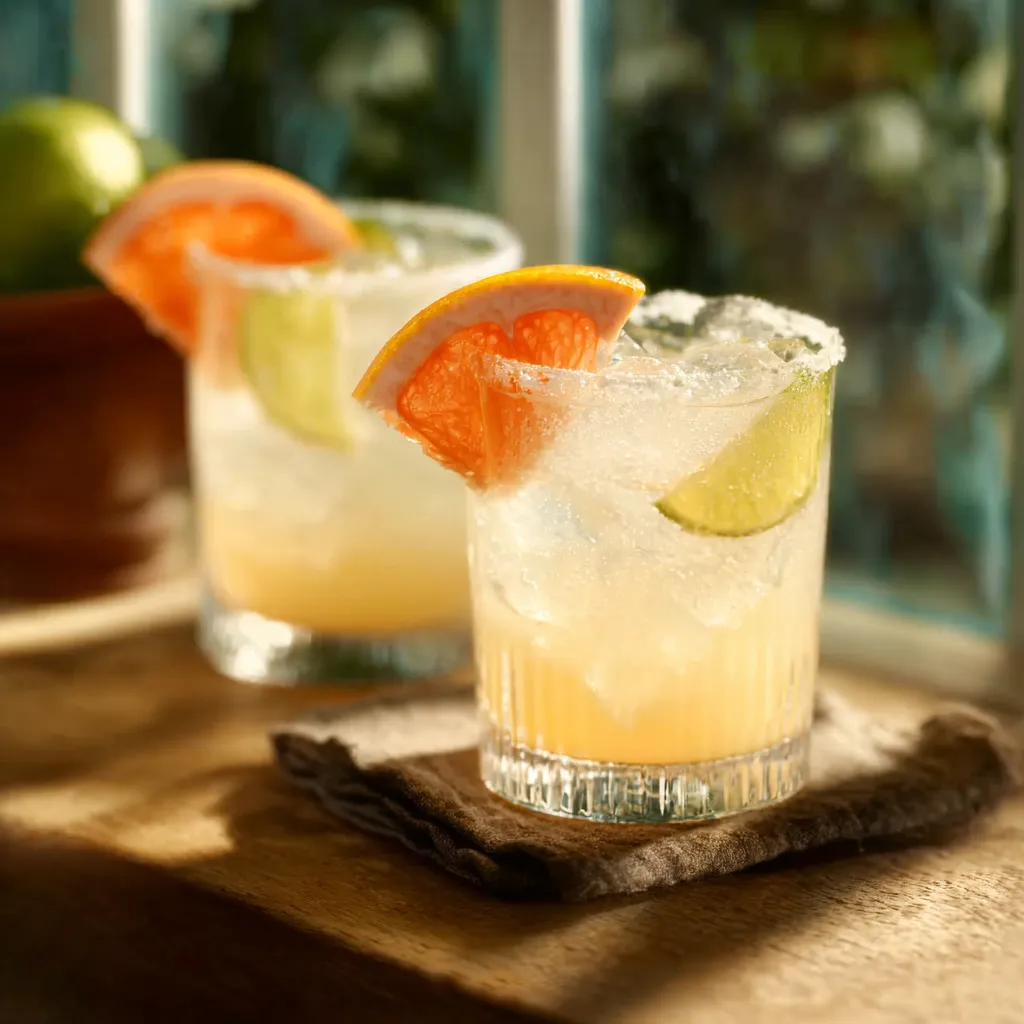 Classic Paloma cocktail with tequila, grapefruit soda, and lime wedge in a salt-rimmed glass.