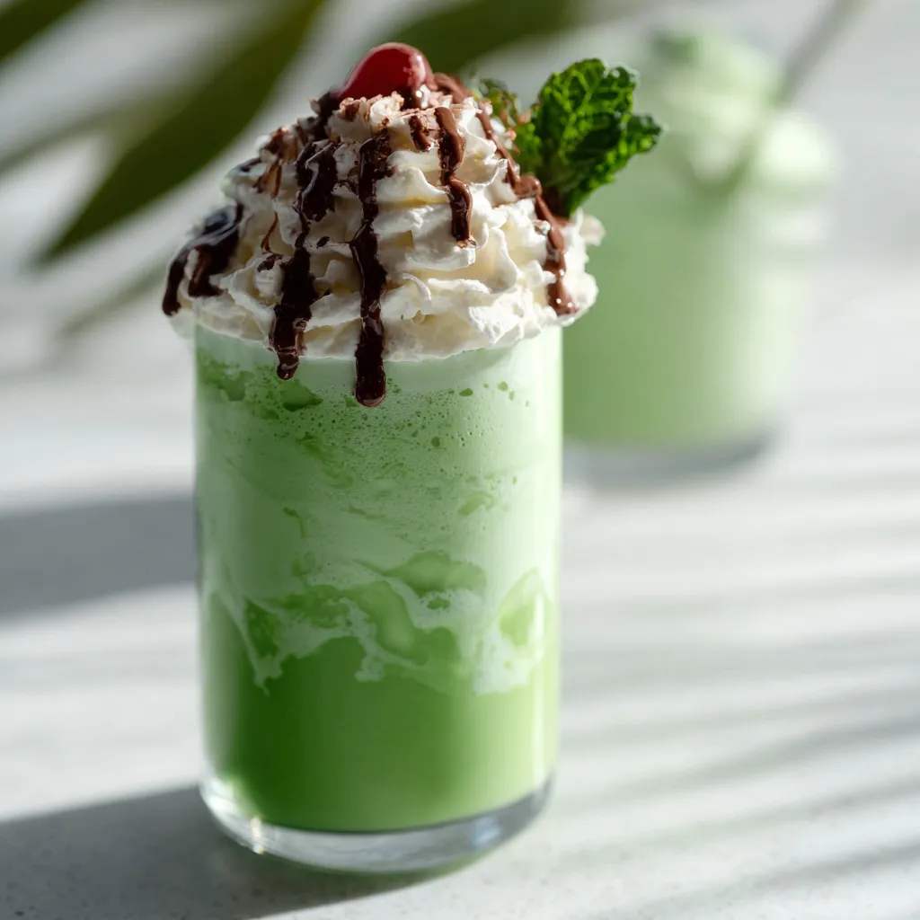 Creamy Boozy Shamrock Shake in a tall glass with mint garnish