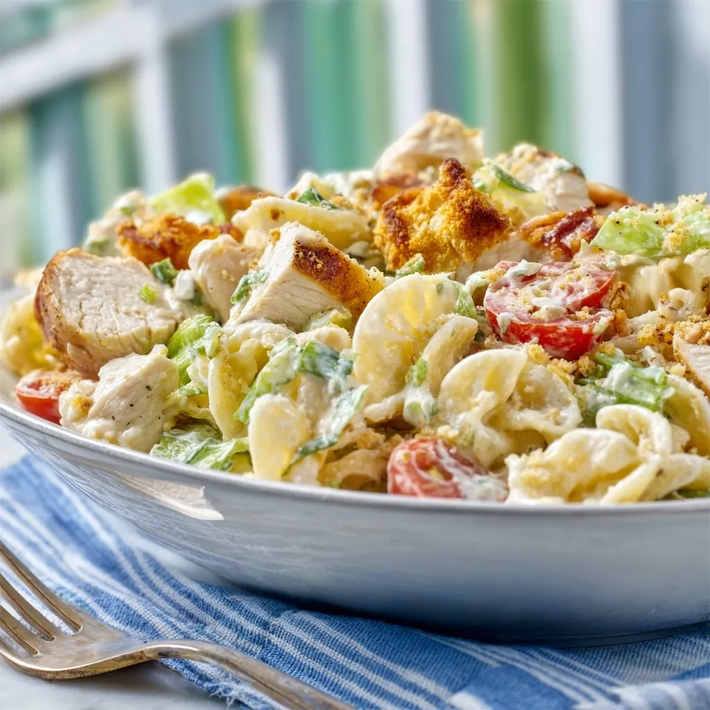 Creamy Chicken Caesar Pasta Salad with grilled chicken, romaine, and parmesan.