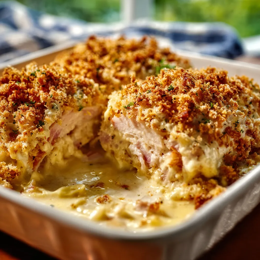 Creamy Chicken Cordon Bleu Casserole with melted cheese and ham