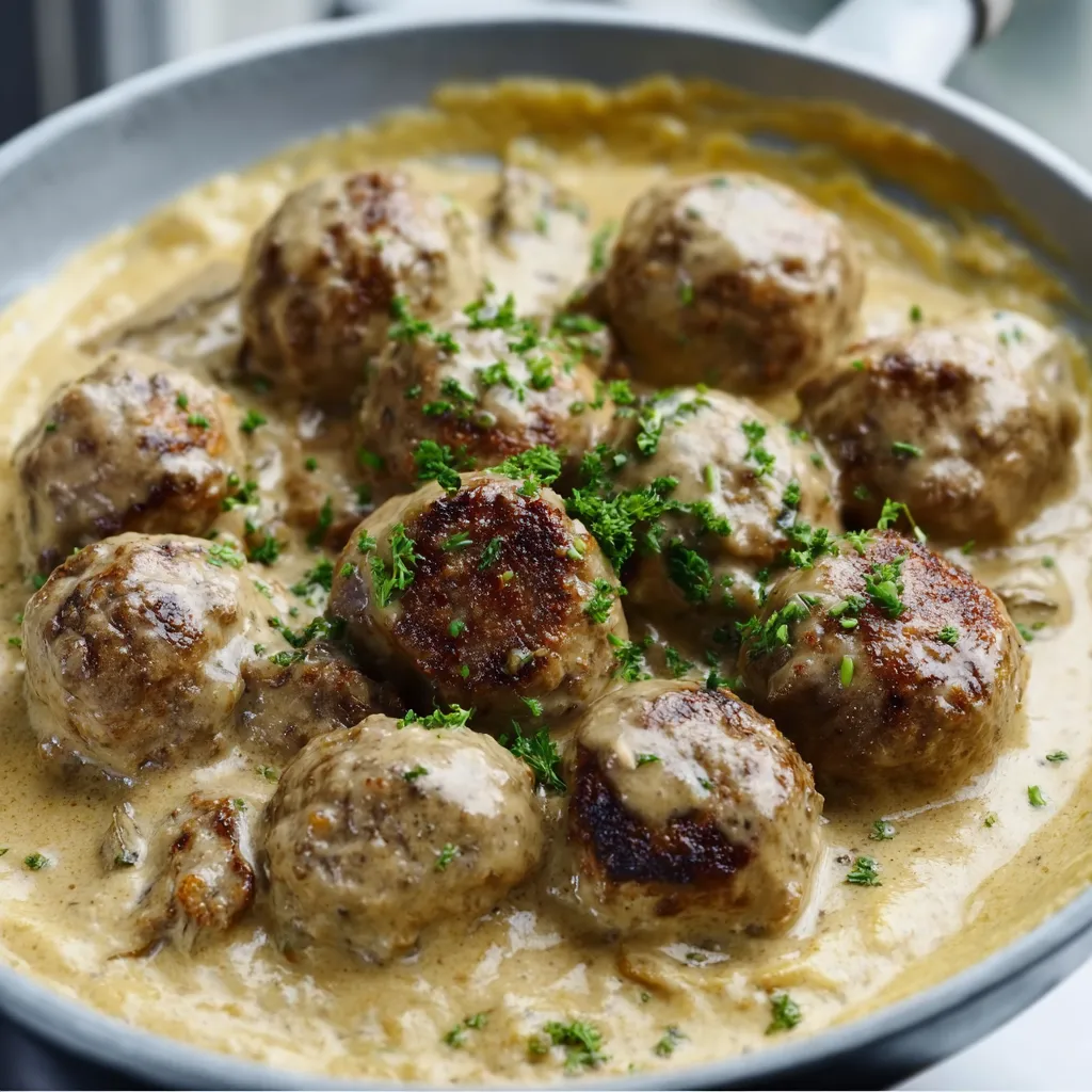 Creamy Swedish meatballs served over egg noodles with parsley garnish.