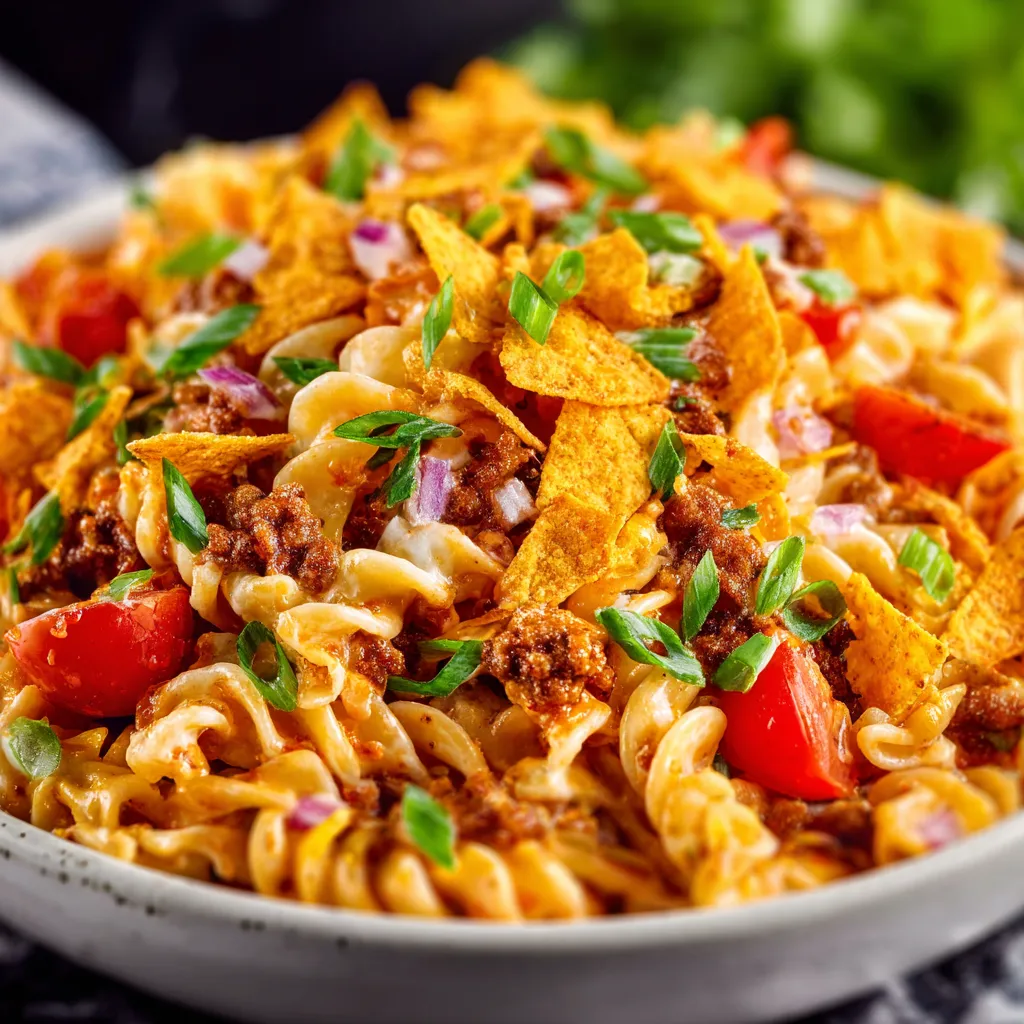Creamy Taco Pasta Salad with ground beef, corn, and tomatoes in a bowl.
