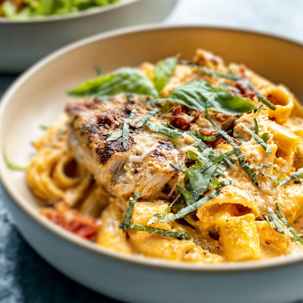Creamy Tomato Basil Chicken Alfredo pasta in a white bowl with fresh basil garnish.