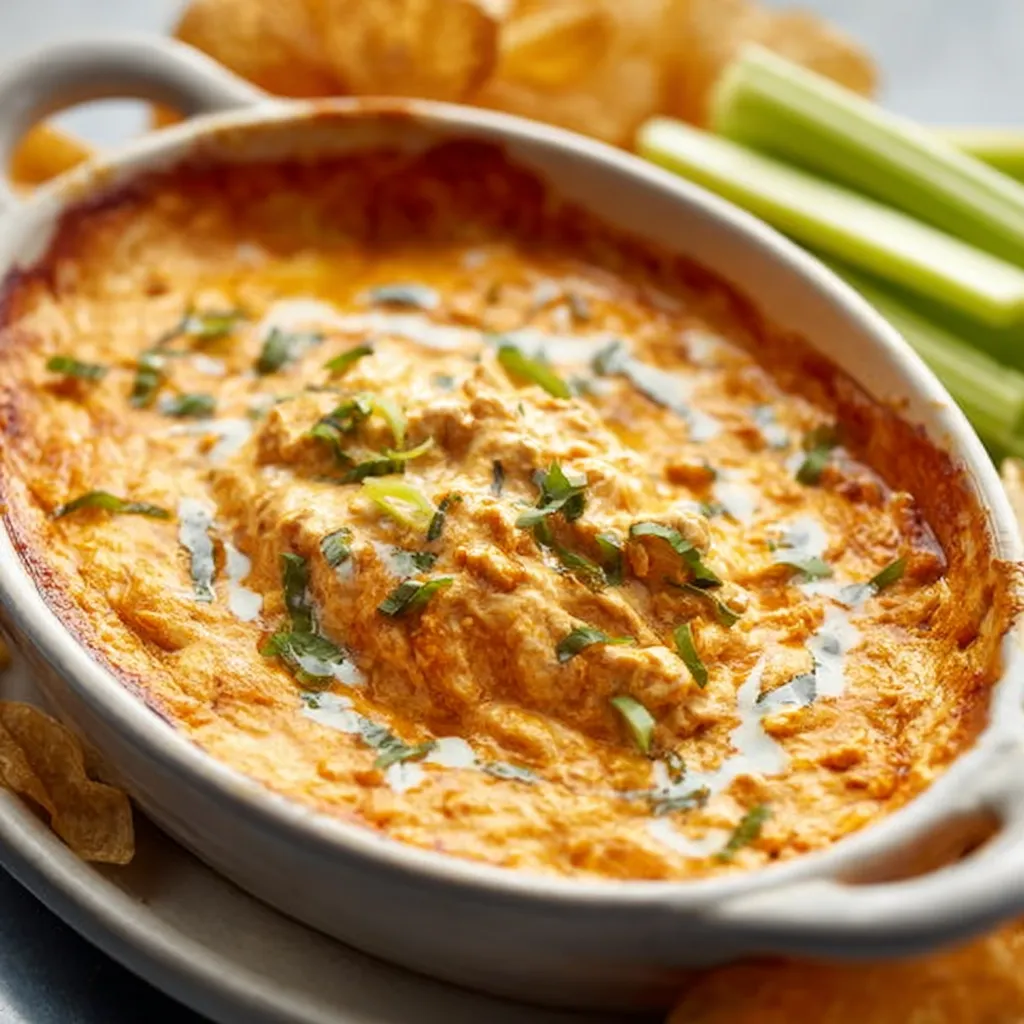 Creamy Vegan Buffalo Chicken Dip served warm with celery sticks and tortilla chips.