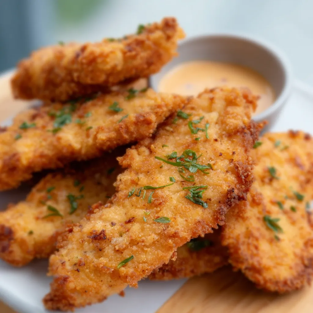 Golden brown air fryer chicken tenders with crispy breading on a wire rack.