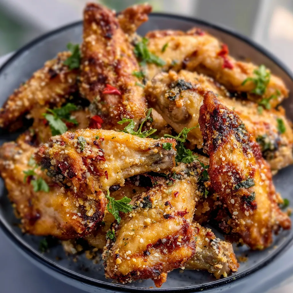 Crispy Garlic Parmesan Chicken Wings with fresh parsley garnish.
